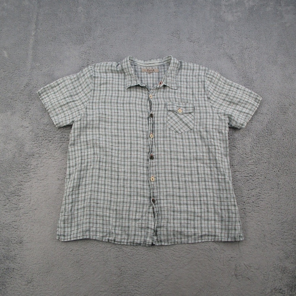 FLAX Mens Large Short Sleeve Linen Button Down Shirt Plaid Blue Green